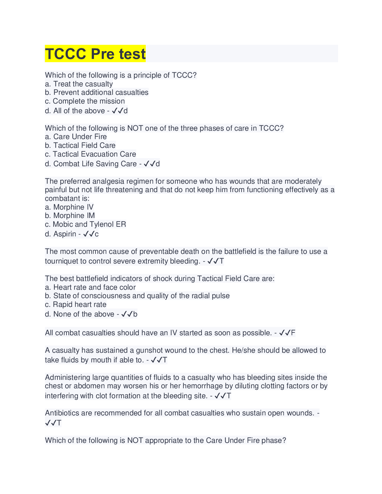 Preview image of TCCC Pre test | 100 Questions | 100% Correct Answers document